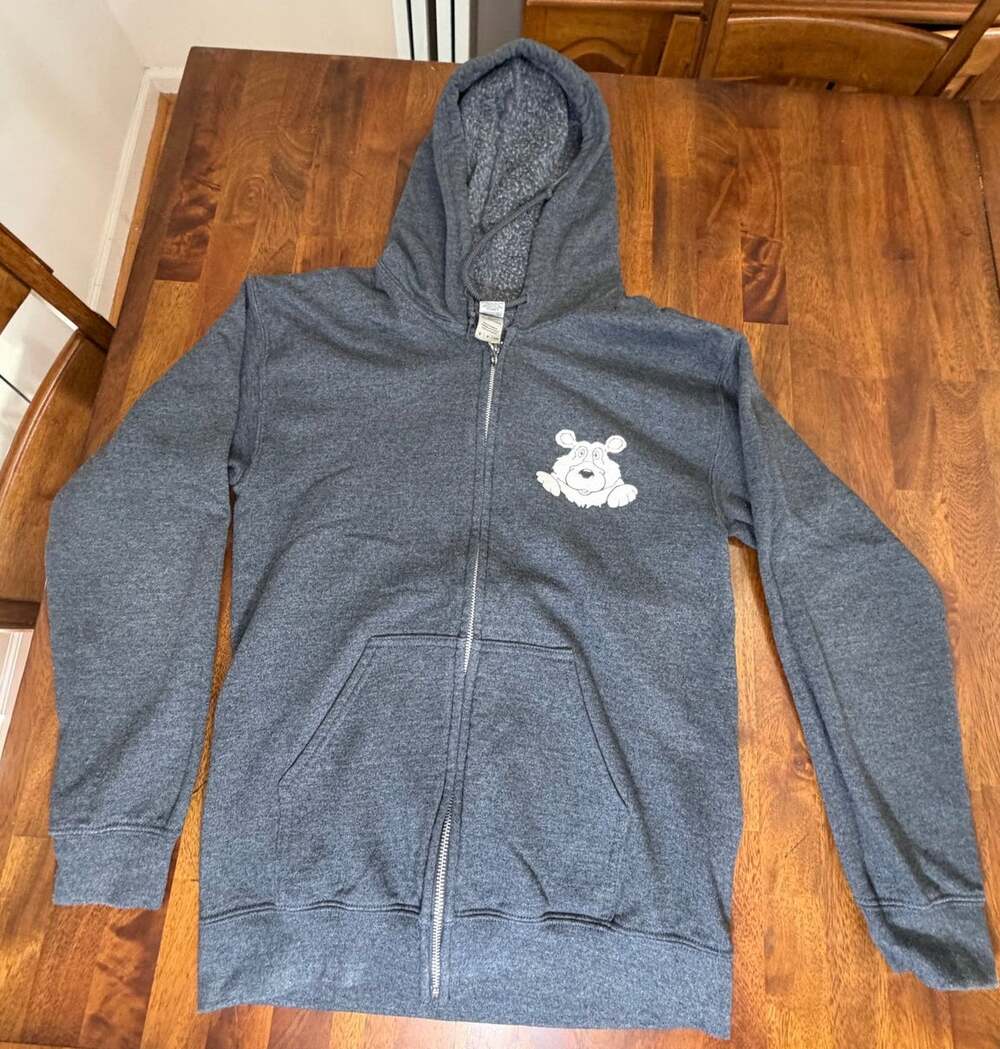 Gildan Heavy Blend Small Gray Zip Up Hoodie Cartoon Bear Graphic Sweatshirt
